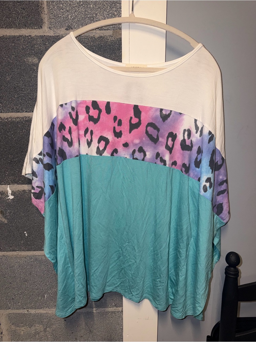 ADORA White, Pink, Purple & Teal Colorblock Leopard Dolman Tunic